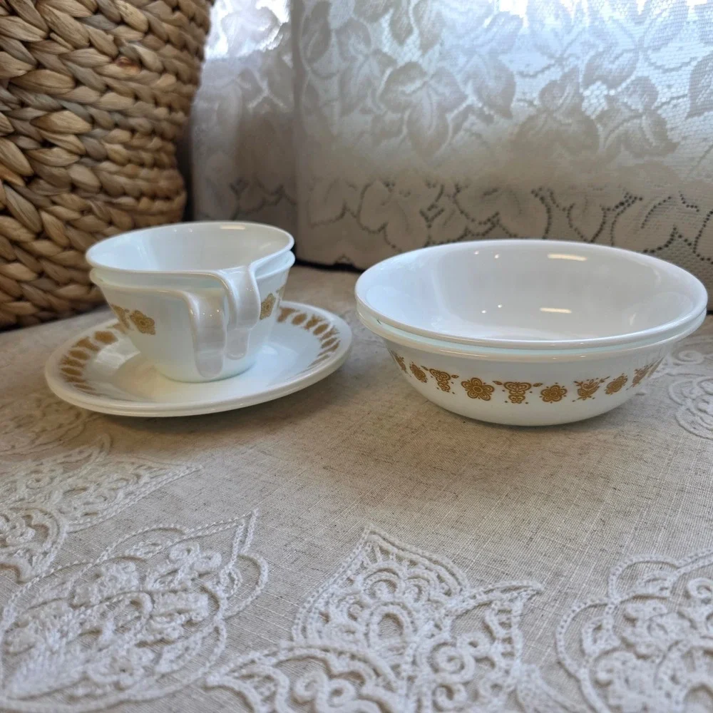 Corelle Butterfly Gold 6 Piece Set: 2 Bowls, 2 Cups, 2 Saucers Yellow White